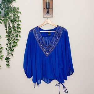 Buckle Dolman Sleeve Sheer Top Blue Size Small